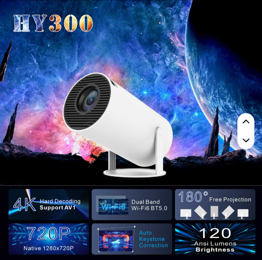 HY300 Smart Portable Home Theater Projector 4K Decode Video 120 ANSI Lumens Android 11 OS Mini Features Dual WIFI Projector